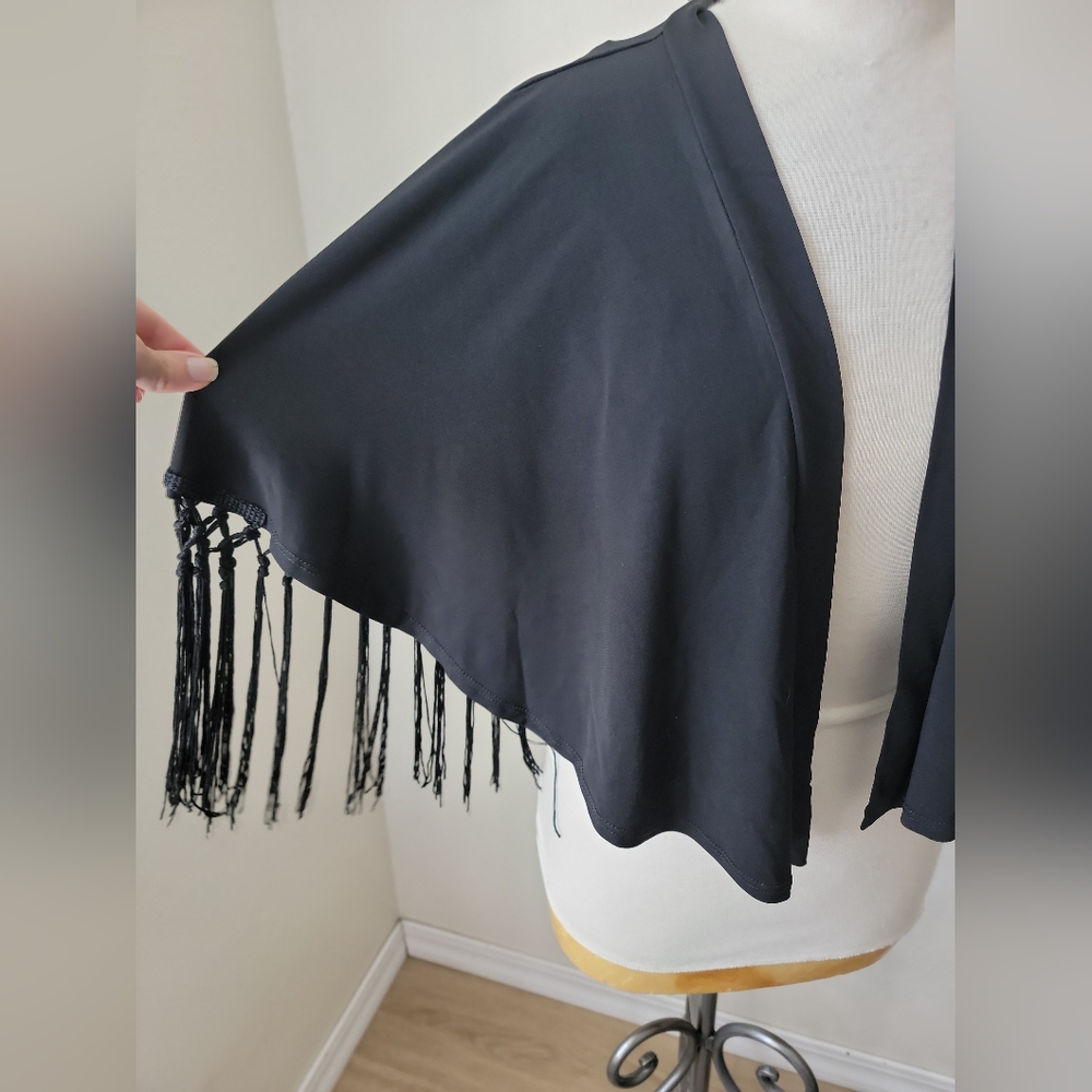 Black Short Sleeve Fringe Shrug Cardigan Coverup Festival Boho